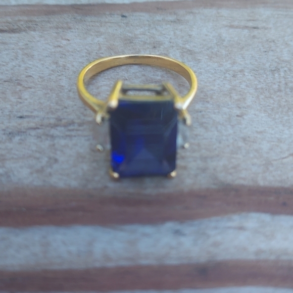 Simulated Sapphire Gold Tone Over 925 Sterling Silver Ring Size 9 - Picture 1 of 7